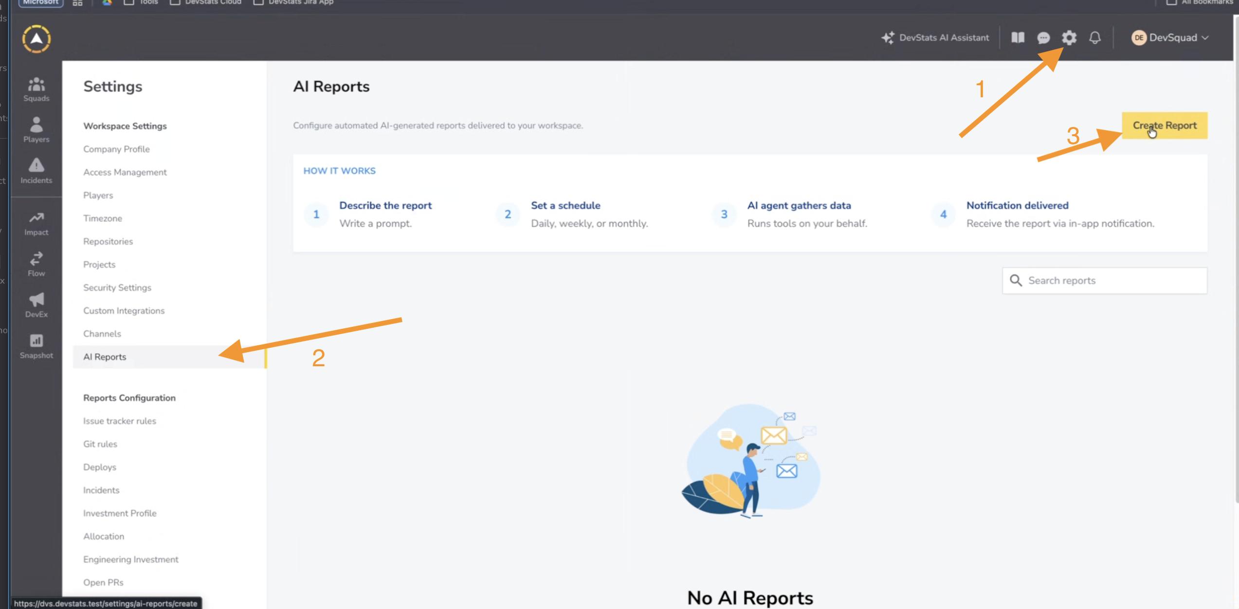 A pagina de AI Reports, mostrando os passos de como funciona e uma lista de relatórios agendados.