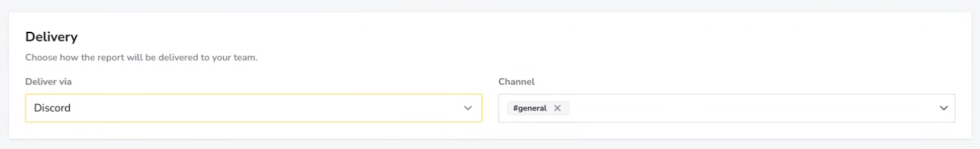 A seção Delivery, entregando via Discord para um channel.