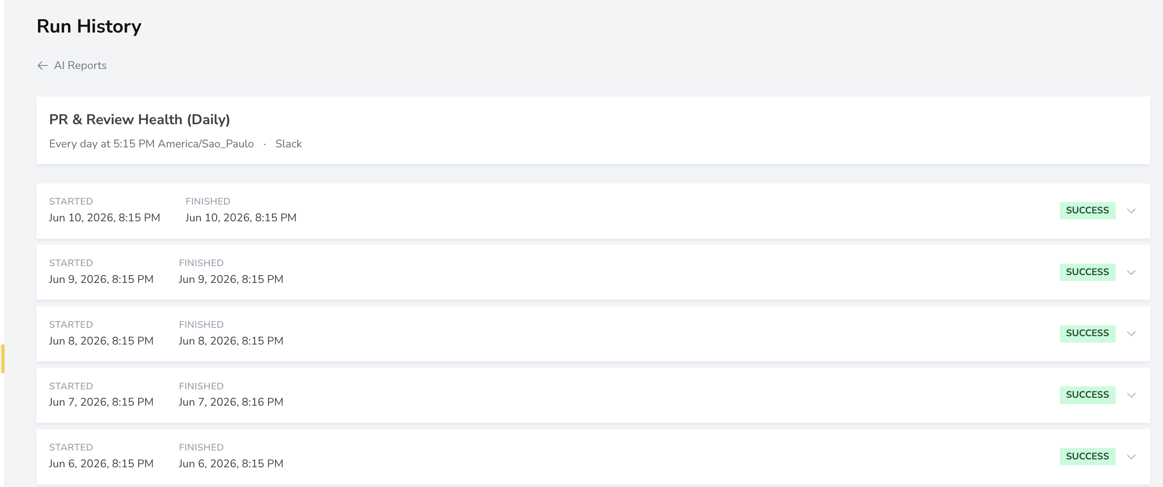 A pagina Run History listando execuções anteriores com seu status.