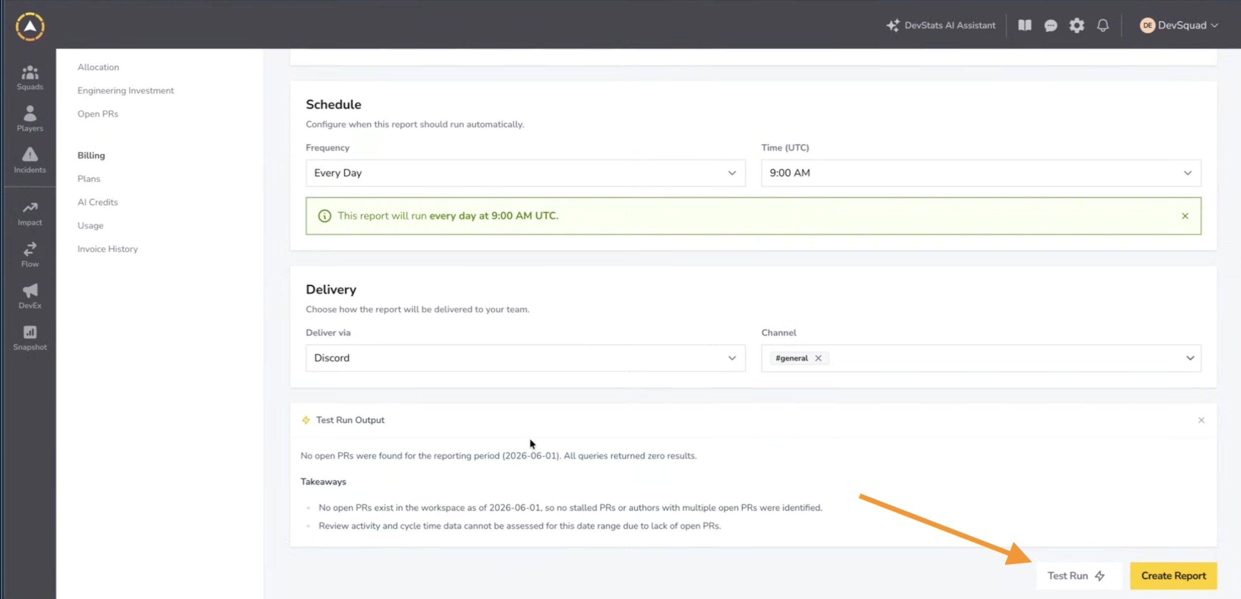 O painel Test Run Output com um relatório gerado e takeaways.