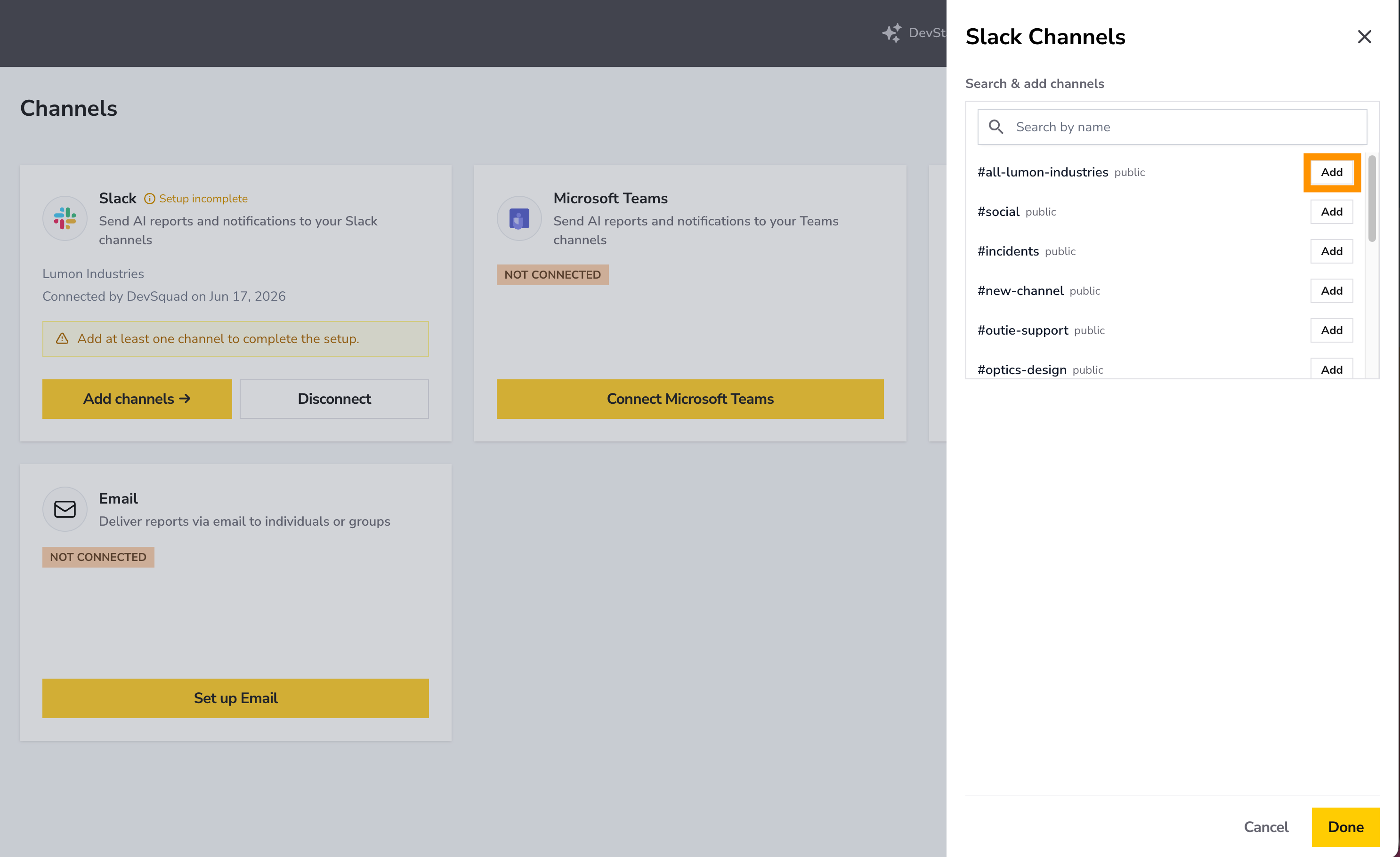 O Channels picker do Slack com o botão Add destacado no primeiro canal.