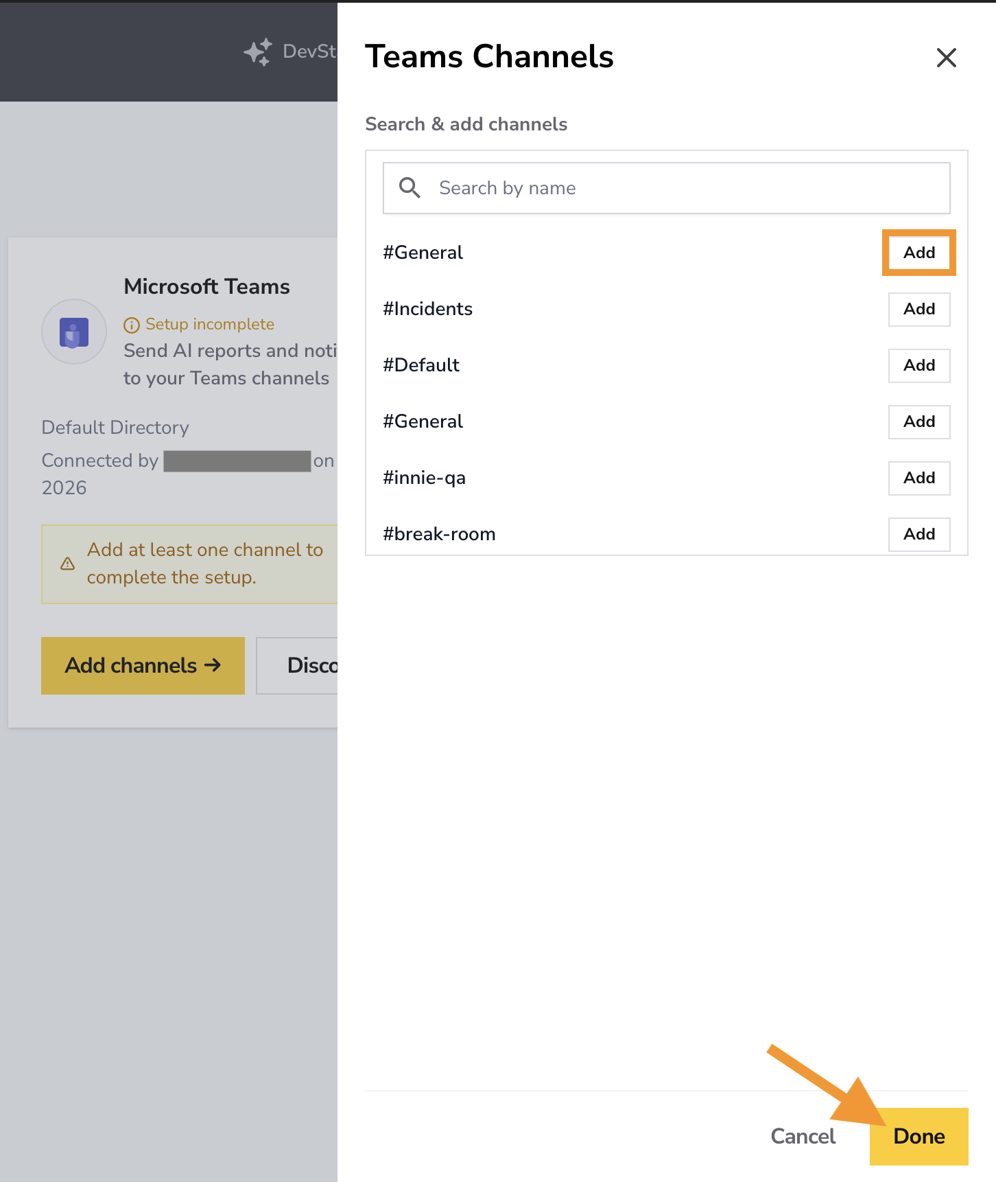O Channels picker do Teams mostrando canais disponíveis para adicionar.