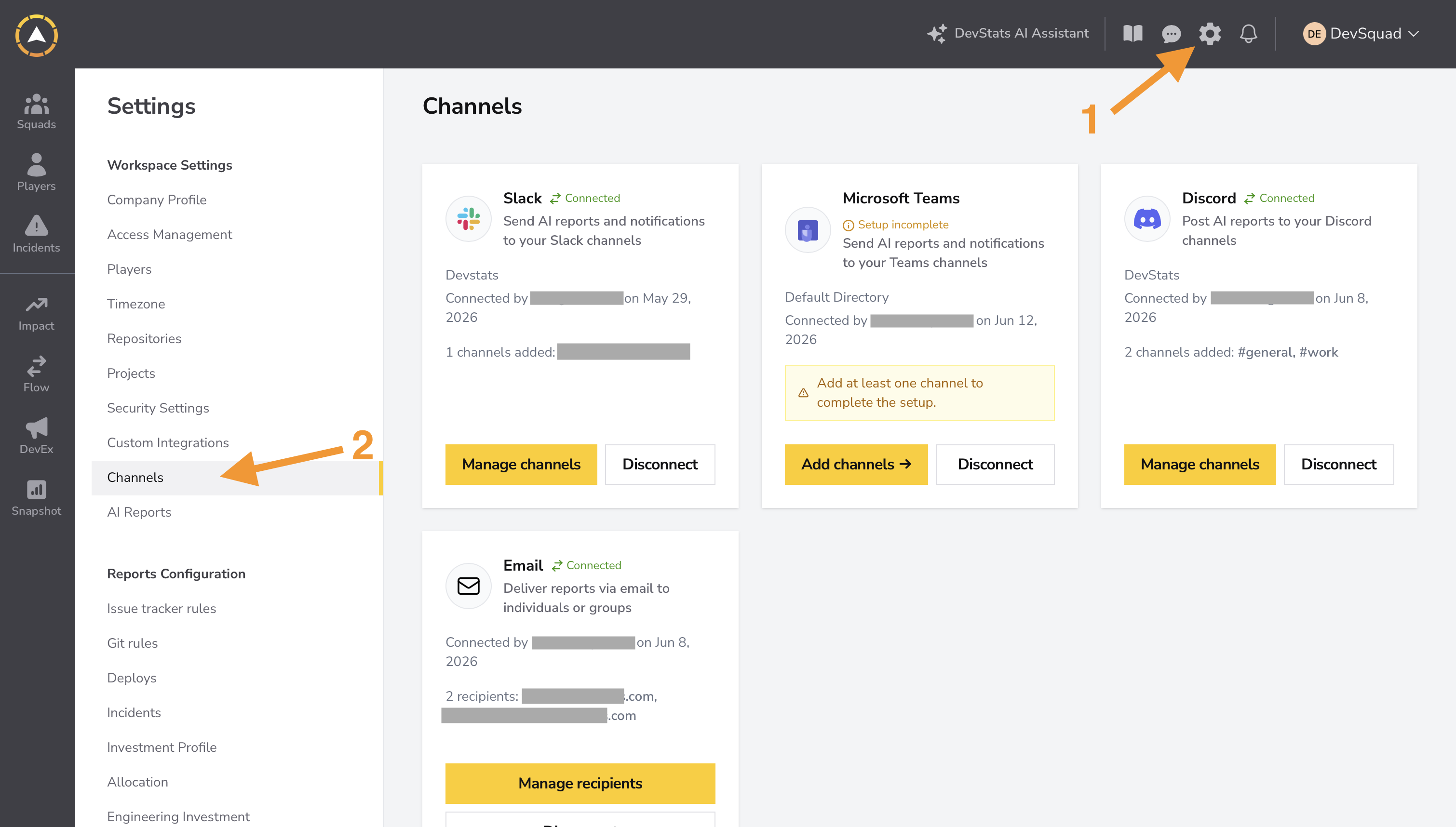A página Settings > Channels mostrando os cards de integração do Slack, Microsoft Teams, Discord e Email.