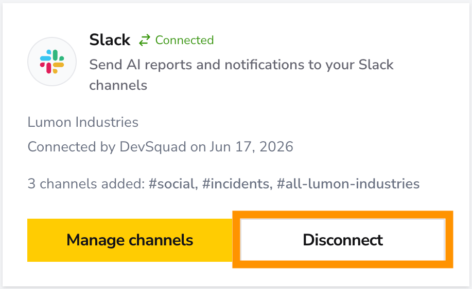 O card do Slack mostrando o botão Disconnect destacado.