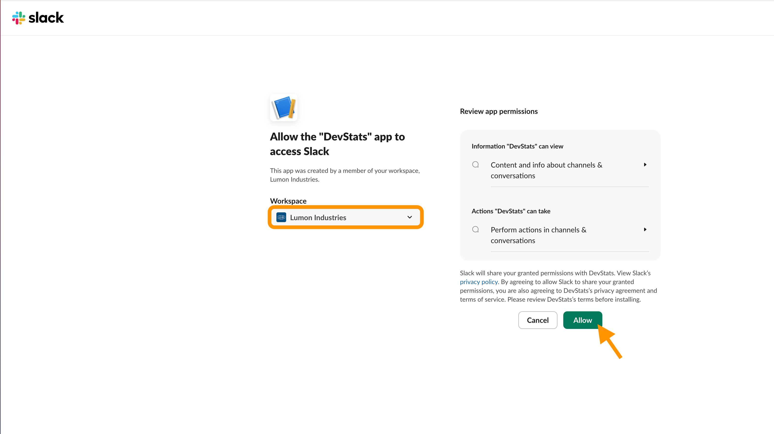A tela OAuth do Slack solicitando permissão para o DevStats acessar o workspace.
