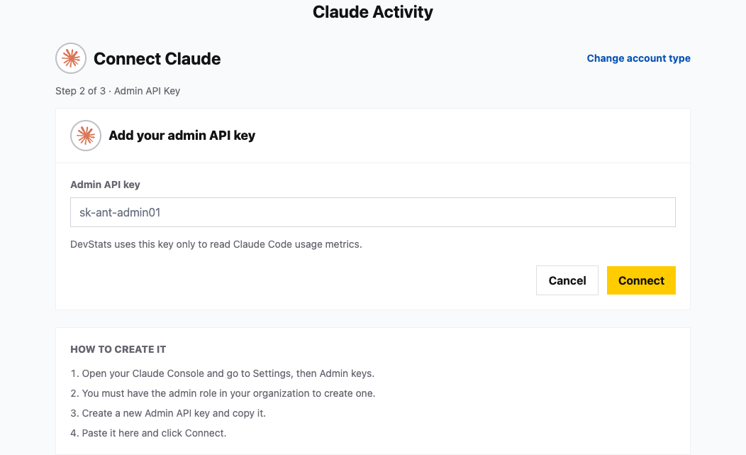 Formulário de conexão com Admin API key do Claude Console
