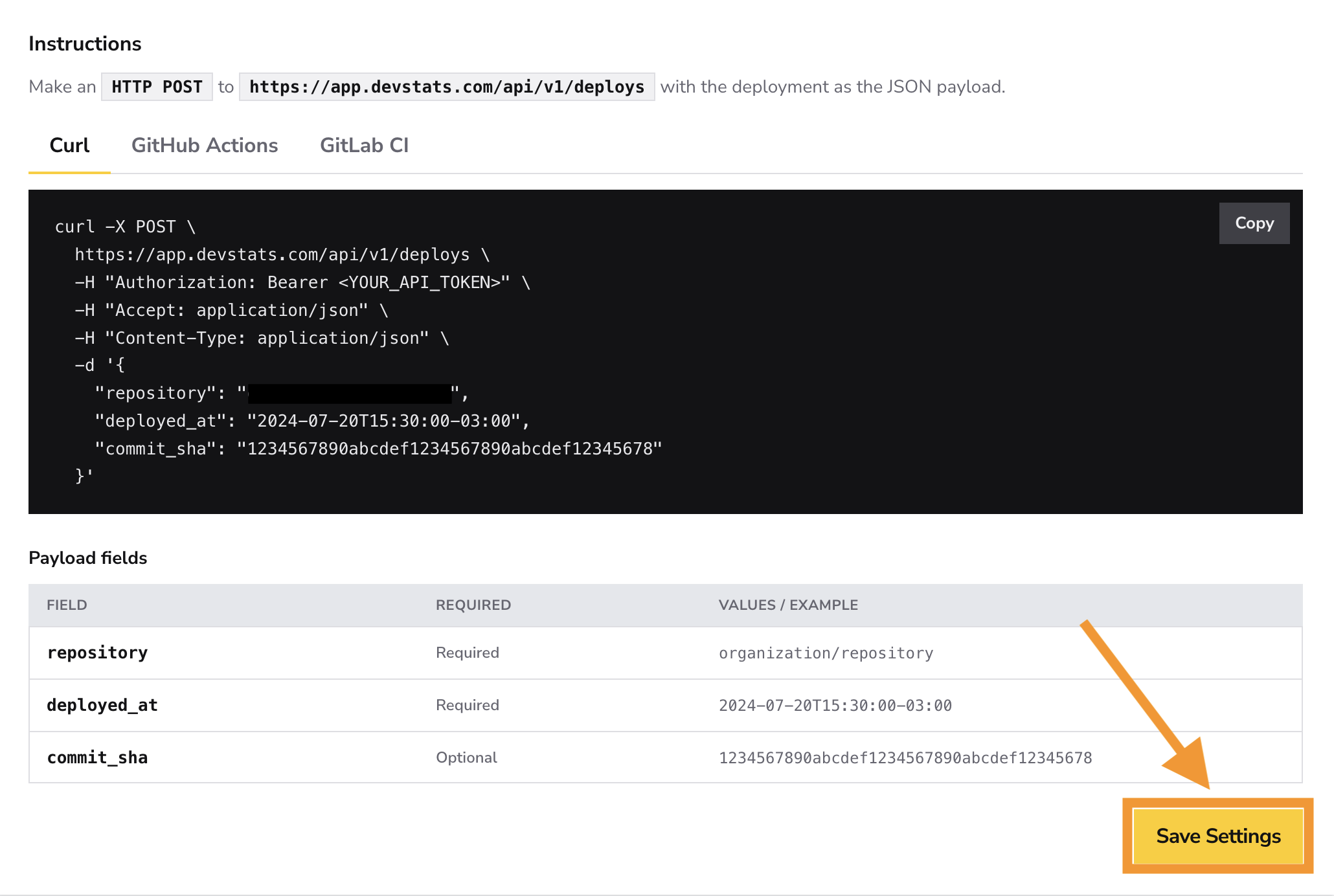 API payload instructions and highlighted Save Settings button
