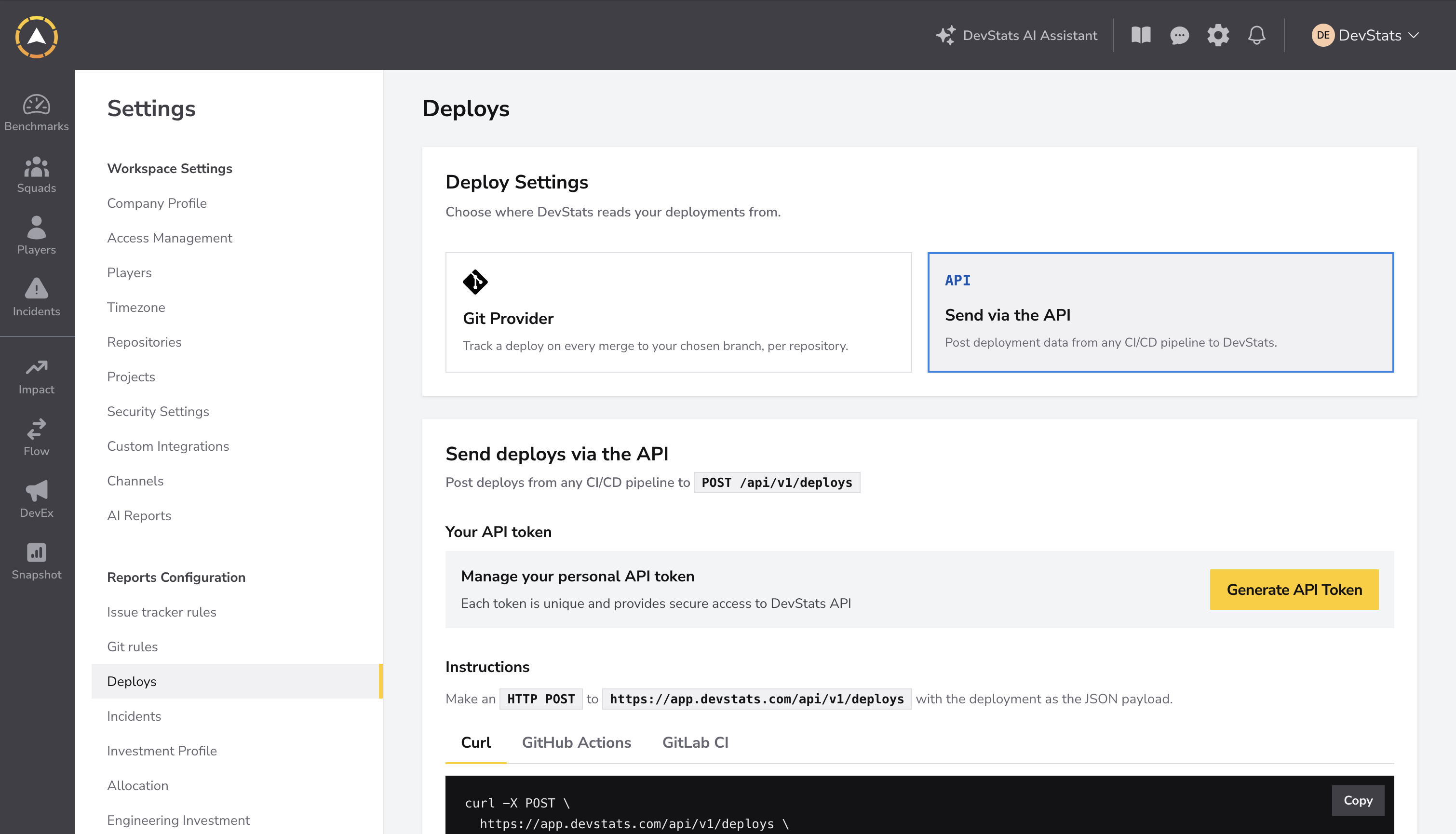 Settings Deploys with Send via the API selected