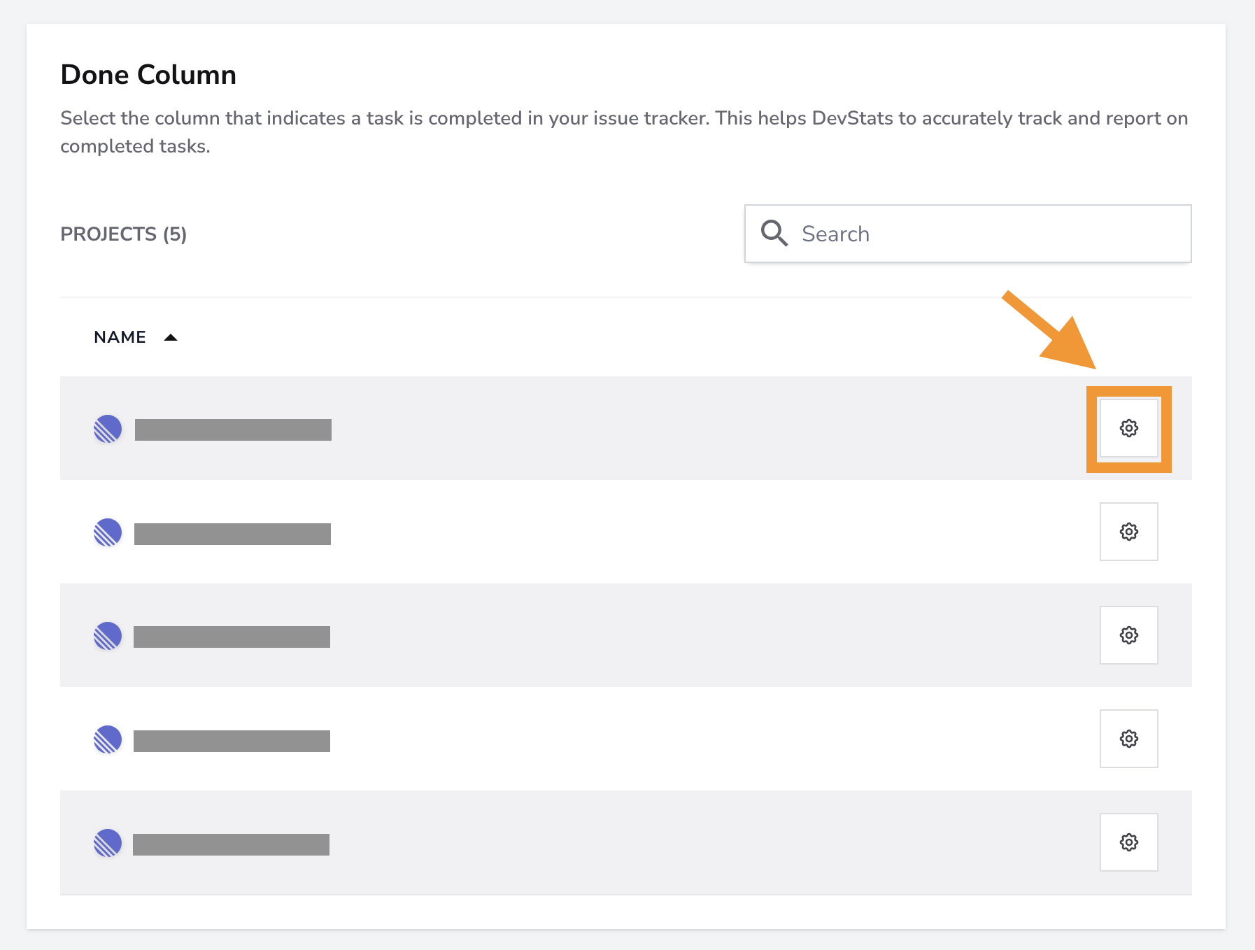 Lista de projetos em Done Column com a engrenagem de configuração destacada
