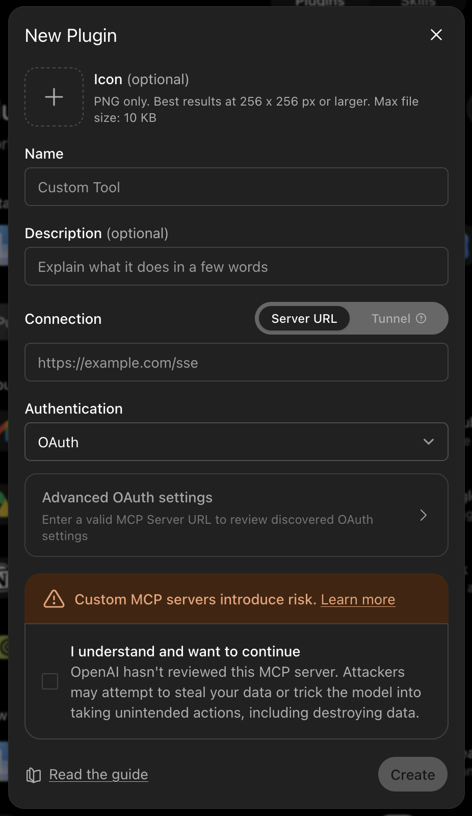 New Plugin dialog with OAuth authentication