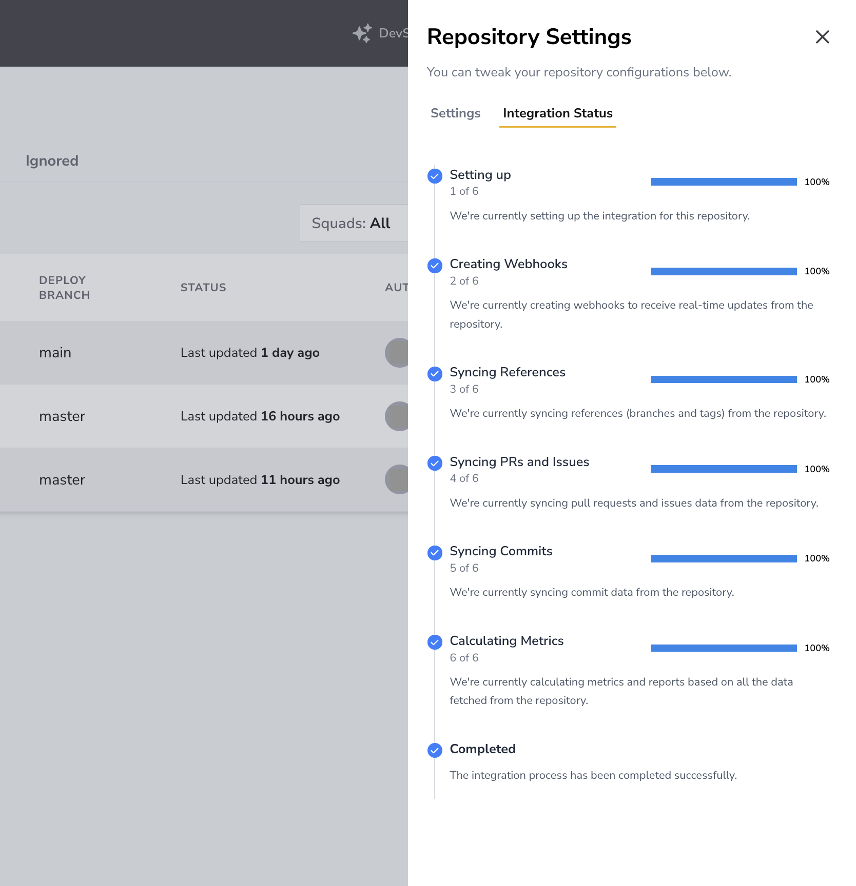 Repository Settings Integration Status tab showing synchronization progress