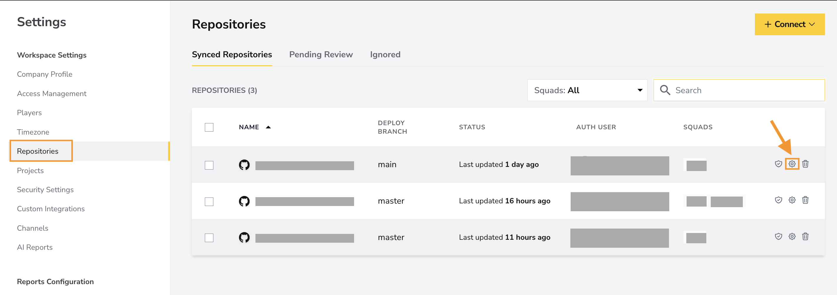 Repositories settings page with the Synced Repositories tab and repository settings action highlighted