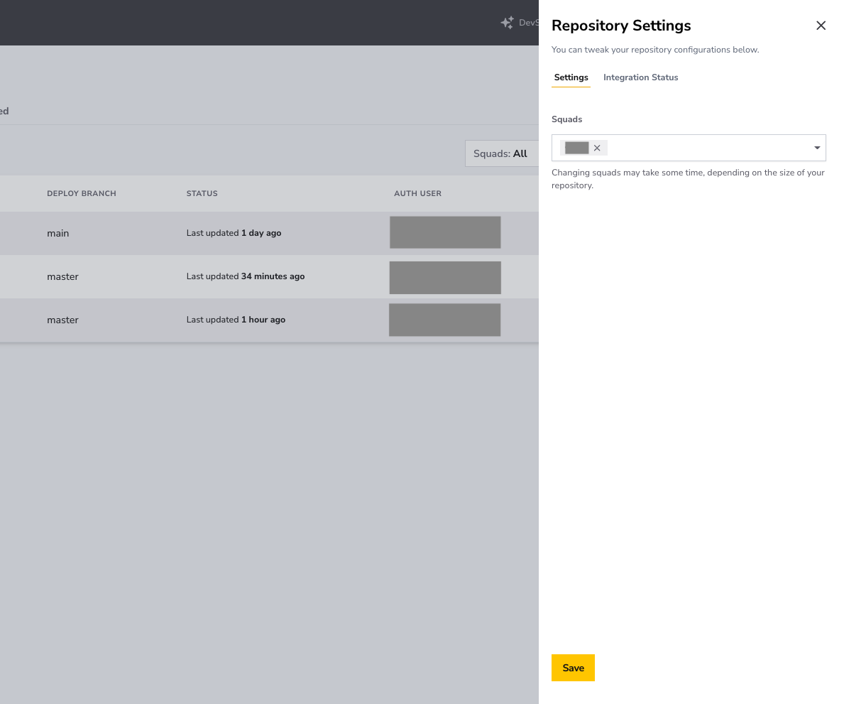 Repository Settings drawer showing squad assignment controls