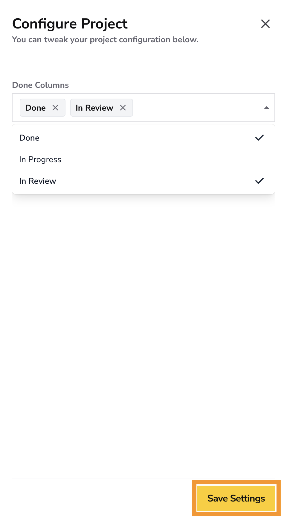 Painel Configure Project com múltiplas Done Columns selecionadas e botão Save Settings