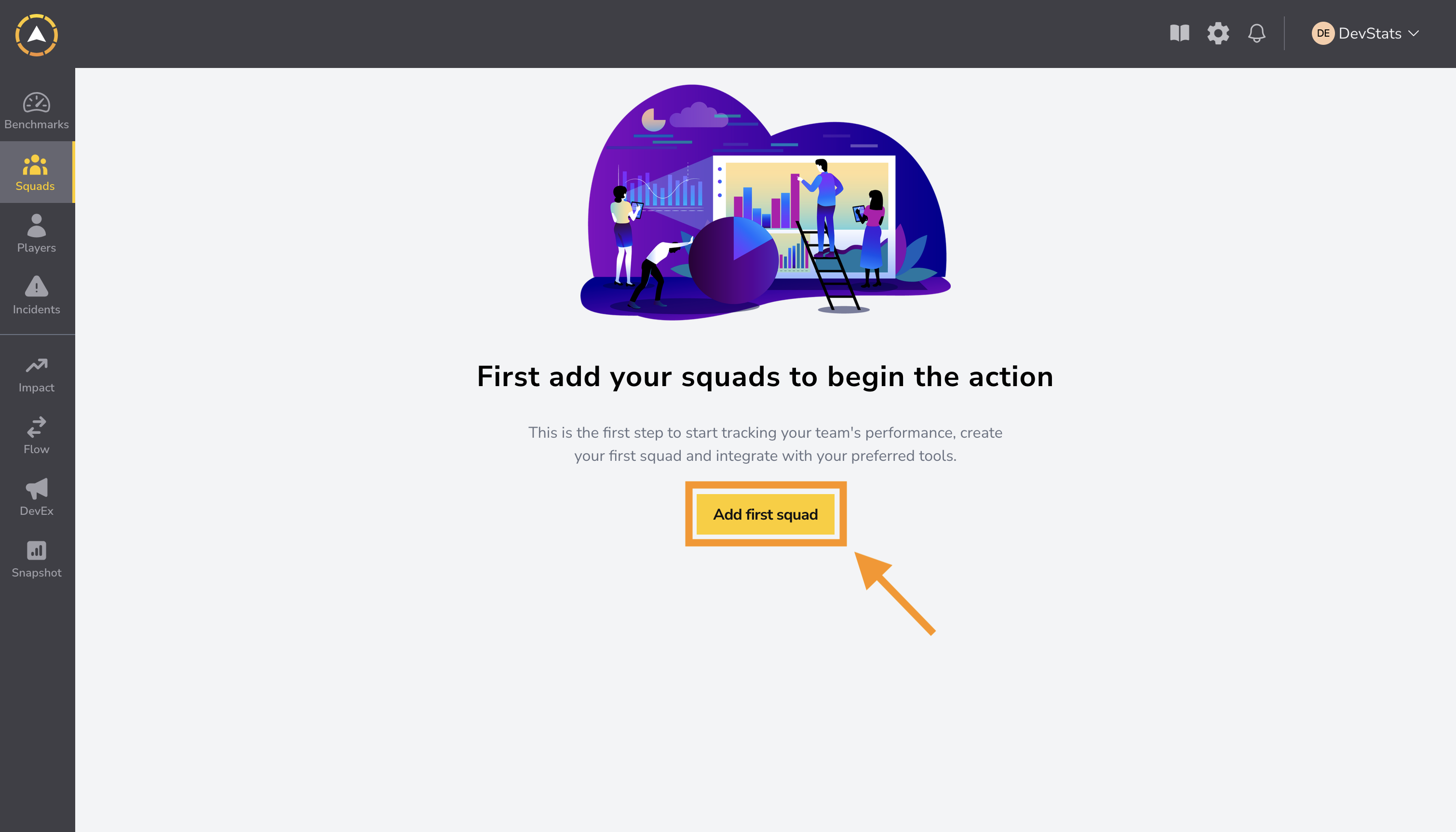 Página de Squads com destaque no botão Add first squad