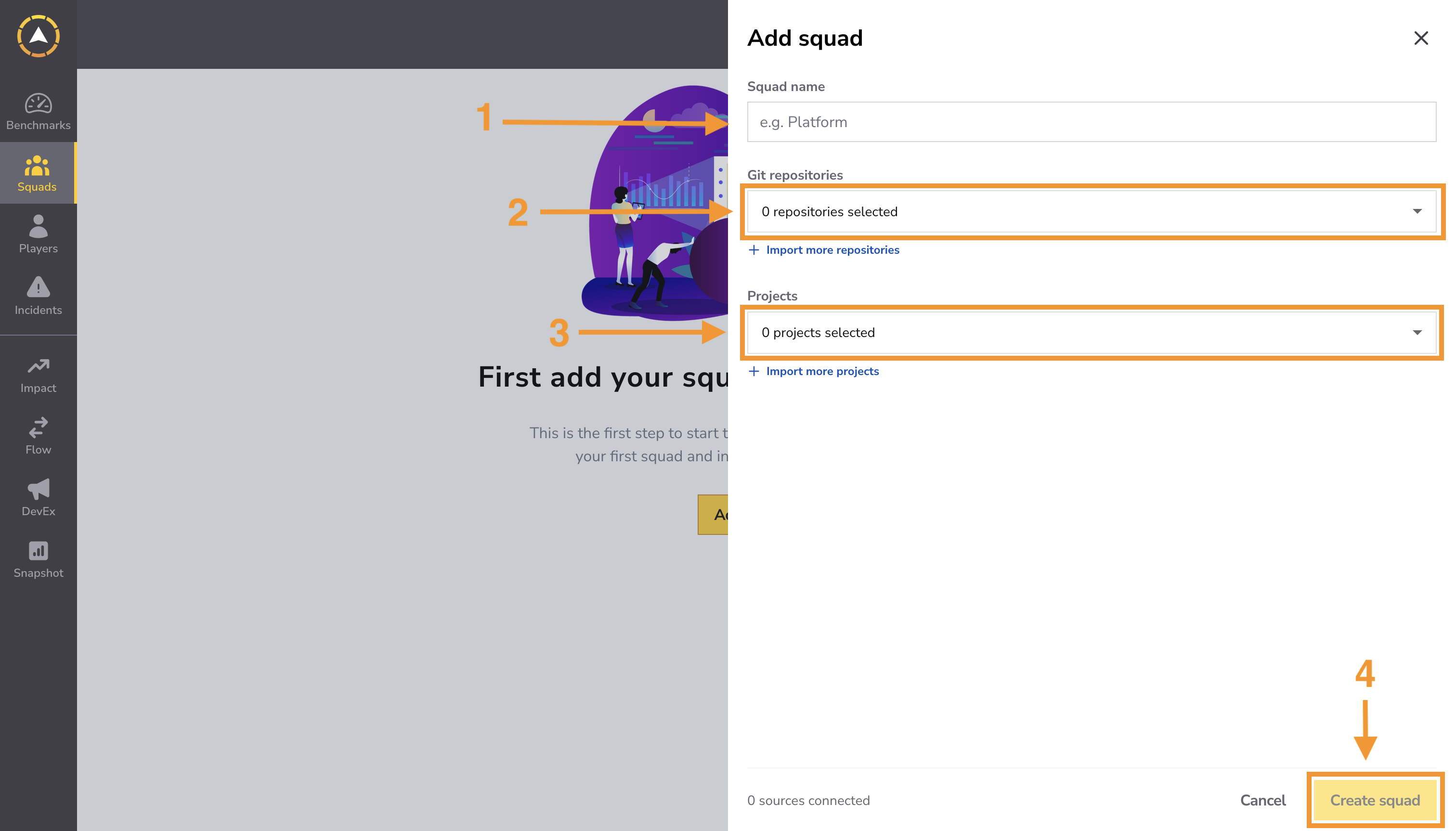 Formulário Add squad com nome, seletores de repositórios e projetos e botão Create squad